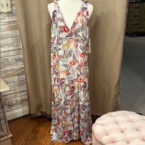 Hale Bob Multicolor Chiffon Butterfly Floral Maxi Dress, NWT, L